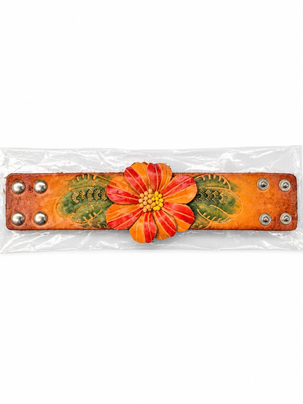 Orange Leather Floral Cuff Belt with Red Flower Accent